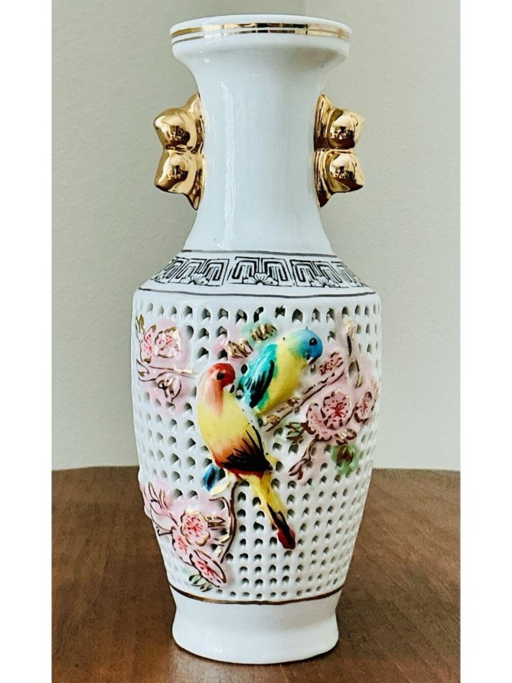 Vintage Chinese Reticulated Bird Vase Gold Handles Porcelain 8.25"